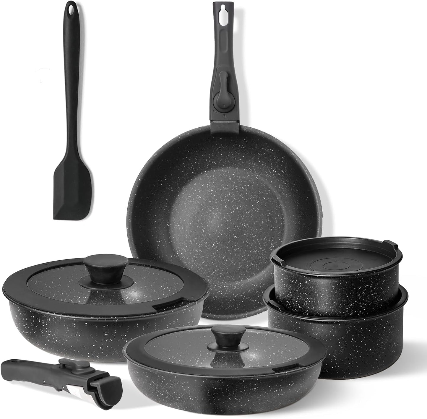 Sweetcrispy 12 pcs Pots and Pans Set, Nonstick Kitchen Induction Cookware Suit with Detachable Handle, Dishwasher Oven Safe, Pitch Black