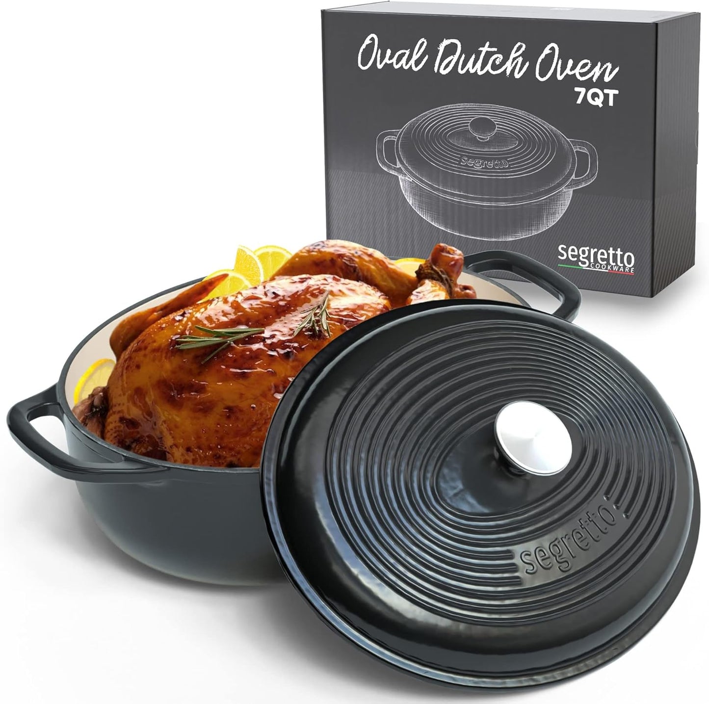 Segretto Cookware Enameled Oval Cast Iron Dutch Oven with Handle, 7 Quarts, Nero (Black), 7qt Cast Iron Pot with Lid | Enamel Dutch Oven for Bread Baking, Ceramic Pots for Cooking, Soup