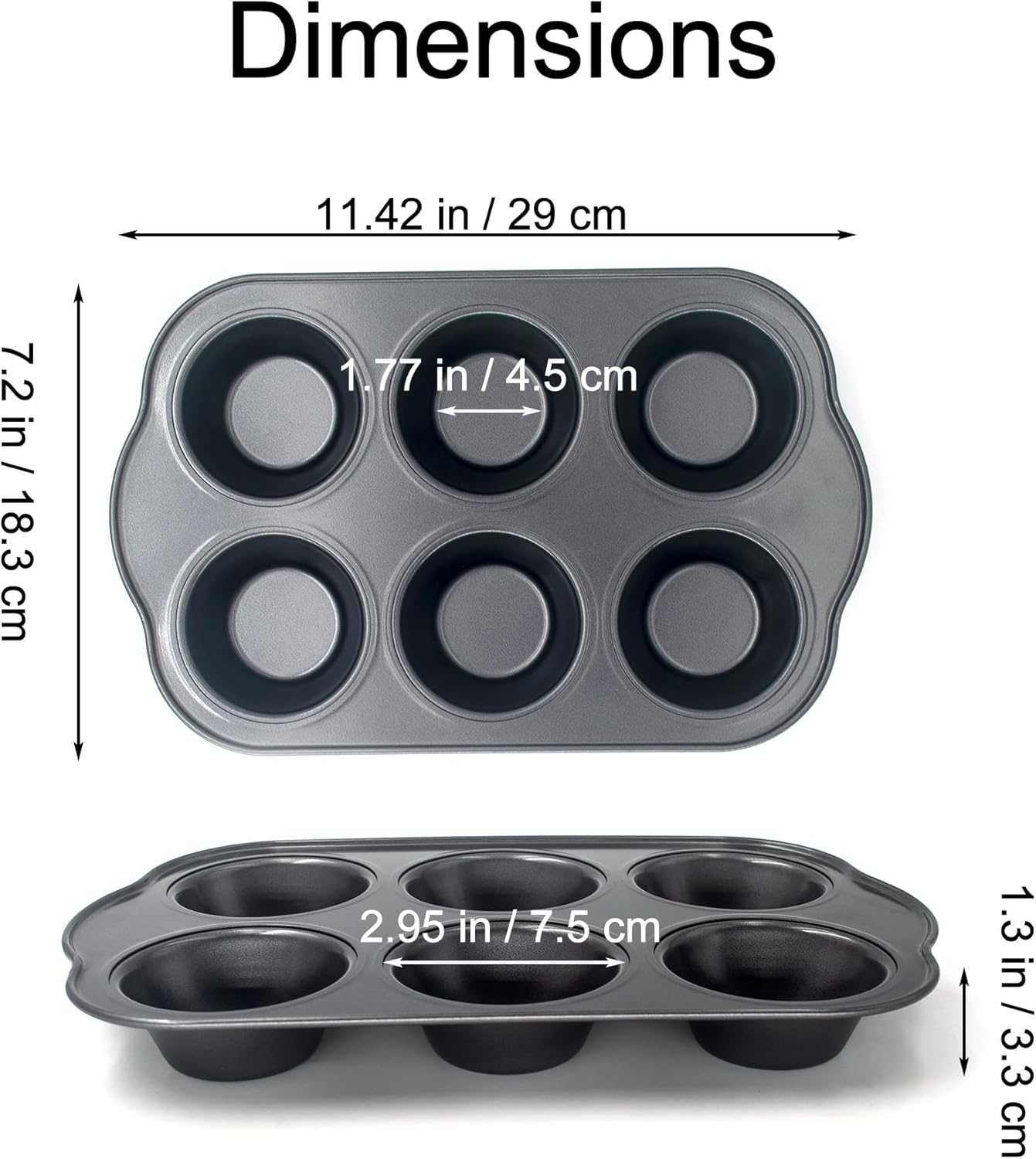 Non-Stick Standard Muffin Pans, 2.95" 6-Cup Set of 2 Baking Pans, Heavy Duty Carbon Steel Tins for Standard Muffins & Cupcakes