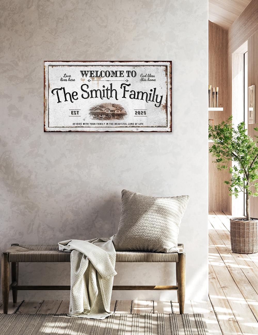 IPIC - Personalized Family Welcome Sign, Custom Canvas Wall Art with House Photo, Name & Date for Hallway or Entryway, Rustic Style Home Wall Decor Gift, Made in USA