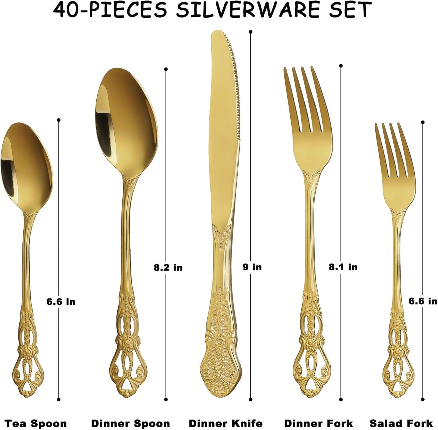 Gold Silverware Set for 8, Stainless Steel Gorgeous Retro Royal Flatware, 40-Pieces Cutlery Tableware, Kitchen Utensils Include Spoons and Forks, Mirror Finish, Dishwasher Safe