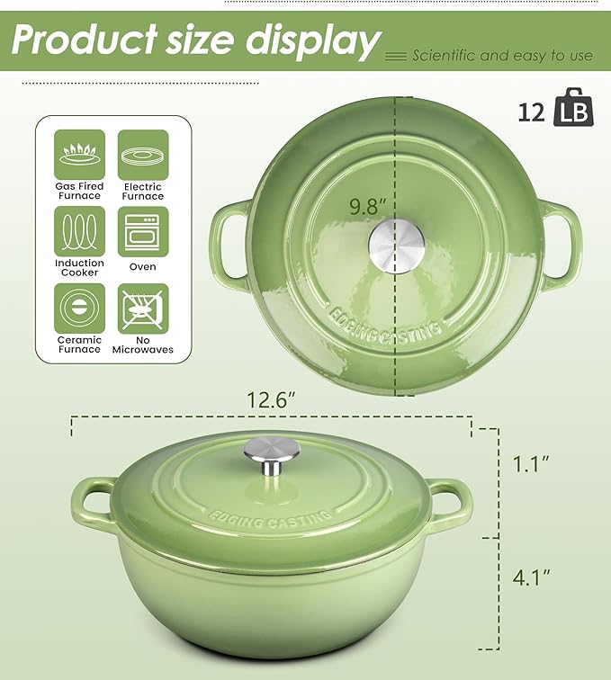 Enameled Cast Iron Dutch Oven Pot with Lid for Sourdough Bread Baking, Bread Dutch Ovens, Cooking Pots, 5 Quart, Pistachio Green