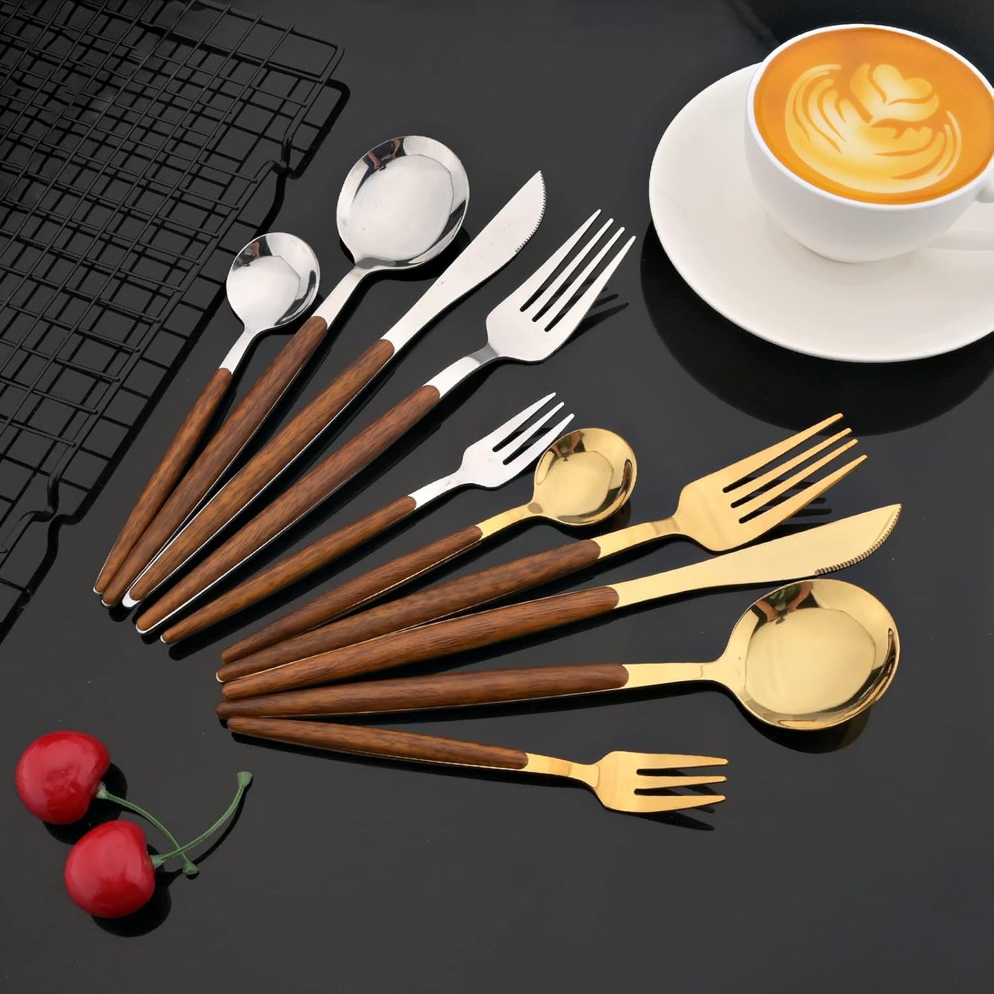 JASHII Wood Handle Flatware Set, 20 Pieces Stainless Steel Silverware Cutlery Set, Mirror Polished, Knife Fork Spoon Set, Dishwasher Safe - Pointed Head Silver