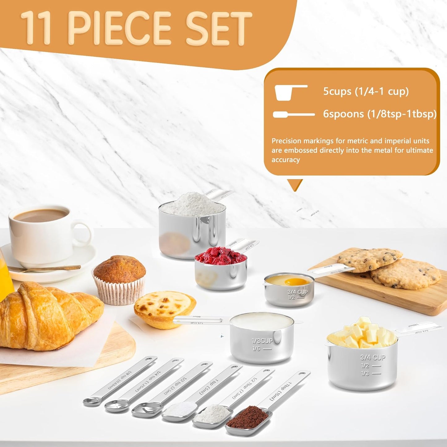 Stainless Steel Measuring Cups & Spoons Set for Cooking and Baking, Nesting Measuring Cups Measuring Spoons for Measuring Dry or Liquid Ingredients, Kitchen Gadgets, 11Pack