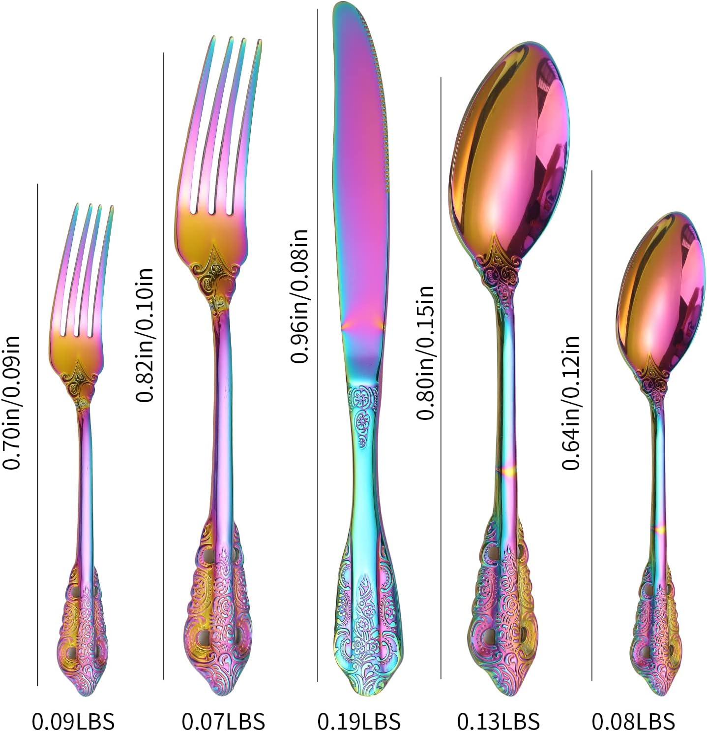 Rainbow Royal Silverware Set for 8 Stainless Steel Flatware 40 Pieces with Unique Antique Floral Design Colorful Heavy Durable Kitchen Daily Use Festival Parties