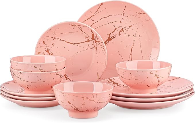 LOVECASA Pink Dinnerware Sets for 4, 12 Piece Porcelain Plates and Bowls Sets, Gold Splash Dish Set, Modern Ceramic Dinner Set, Dishwasher Microwave Safe