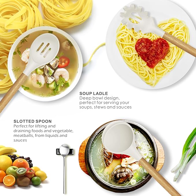 Silicone Cooking Utensils Set - 446°F Heat Resistant Silicone Kitchen Utensils for Cooking,Kitchen Utensil Spatula Set w Wooden Handles and Holder for Non-Stick Cookware (Cream White)