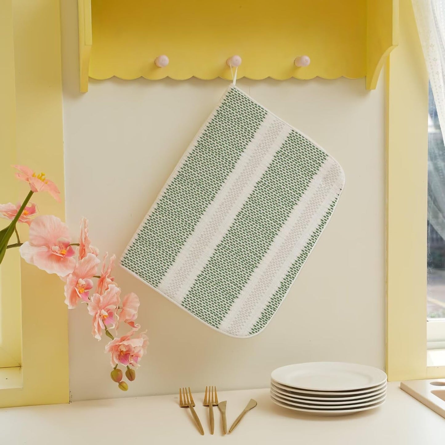 Boho Sage Green Dish Drying Mat 18 x 24 inch Modern Geometry Polka Dot Striped Decorative Drying Mats Microfiber Absorbent Dish Washable Draining Mat for Kitchen Counter Decor