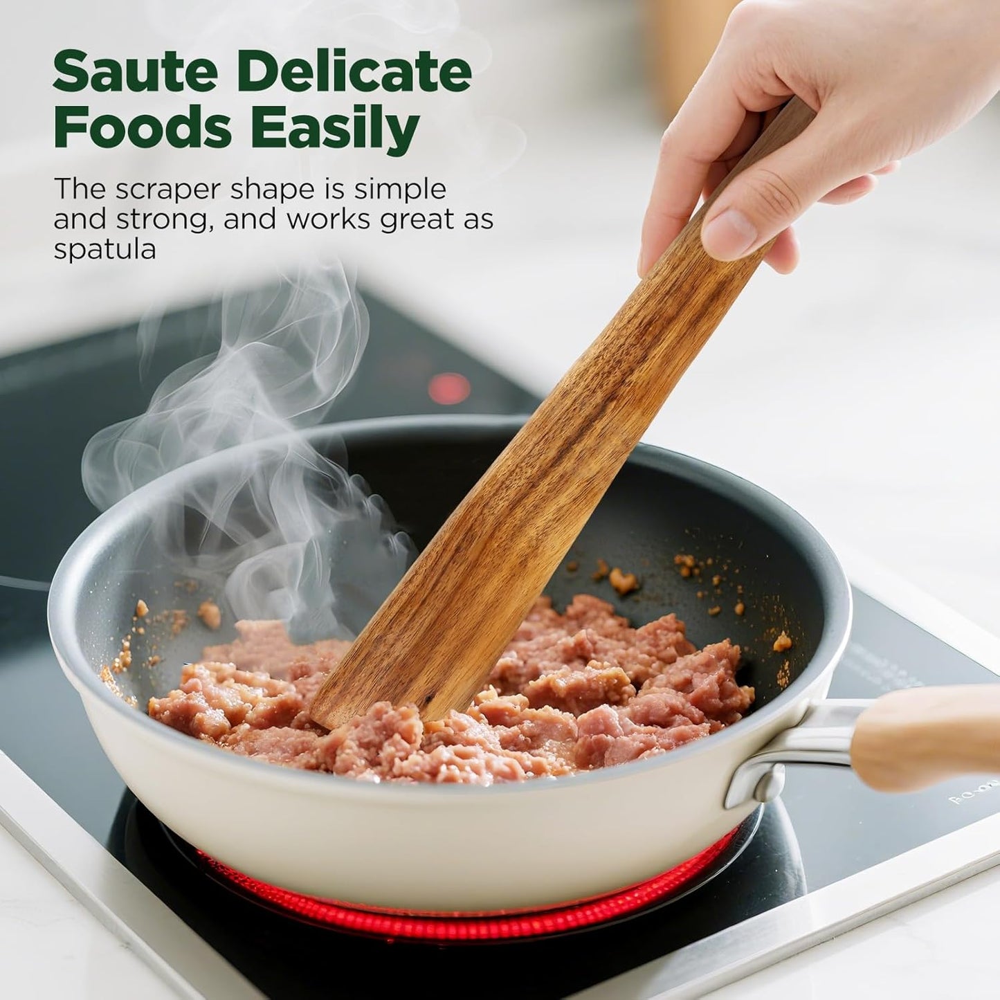 ANBUY 12 Inch Teak Wood Spatula for Cooking, Wooden Kitchen Utensil, Scraper Turner for Cast Iron, Egg Fish Flipper Flat Spatulas for Flipping, Serving, Scraping & Turning(2 pcs Scraper)