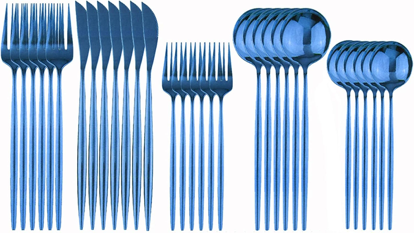 Silverware Set – 30 Piece Family Dinnerware Set – Flatware Set Service For 6 – Blue Tableware Sets – Cutlery Great For Family Gatherings & Daily Use – Spoons, Knives, Forks