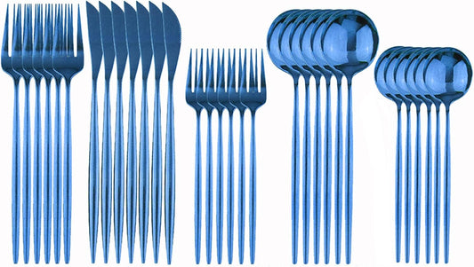 Silverware Set – 30 Piece Family Dinnerware Set – Flatware Set Service For 6 – Blue Tableware Sets – Cutlery Great For Family Gatherings & Daily Use – Spoons, Knives, Forks