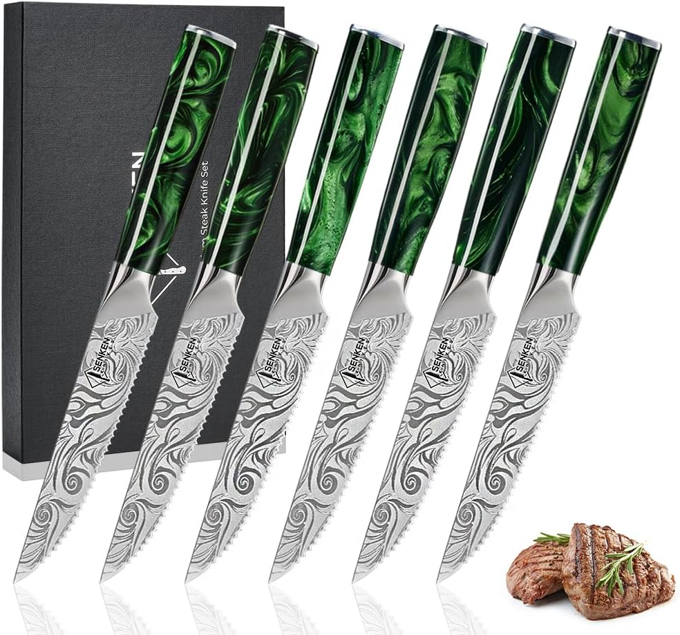 SENKEN Professional Steak Knife Set with Beautiful Engraved Pattern - Wasabi Collection - Razor Sharp Serrated High Carbon Steel & Emerald Green Resin Handle (6 Piece Steak Knife Set)