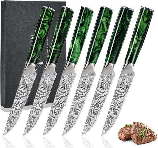 SENKEN Professional Steak Knife Set with Beautiful Engraved Pattern - Wasabi Collection - Razor Sharp Serrated High Carbon Steel & Emerald Green Resin Handle (6 Piece Steak Knife Set)