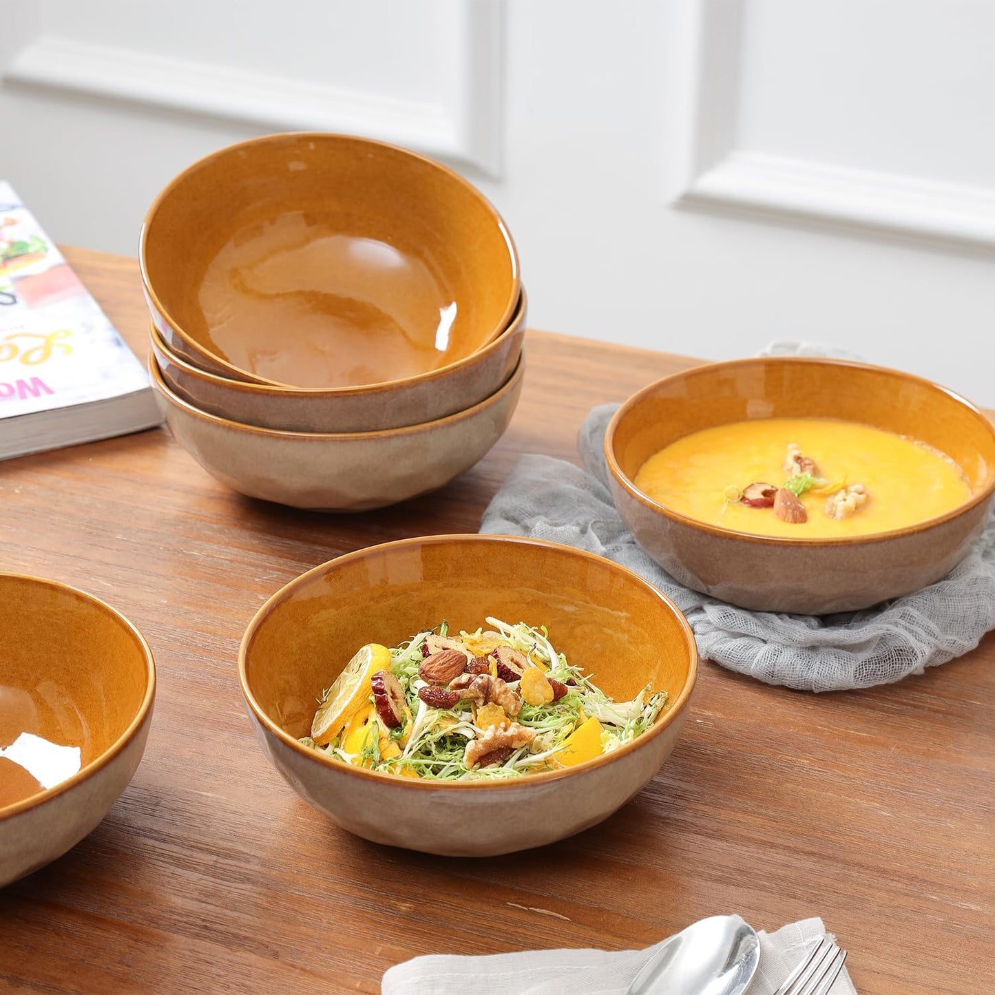 vicrays Ceramic Salad Bowls Set for Kitchen, Serving - 32 Ounce Soup Bowls, Pasta Bowls, Chip Resistant, Dishwasher Microwave Safe, Large, Fluted, stoneware, Set of 6 (Beige)