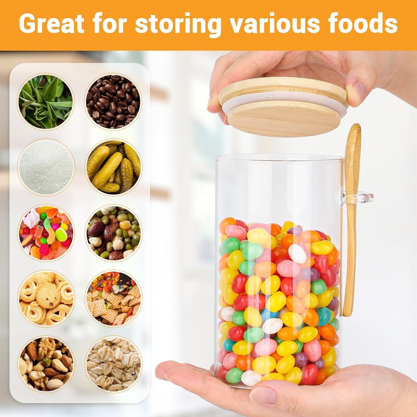 Glass Jars with Bamboo Lids and Spoon - 4 Pack 23 Fl.oz Glass Jars with Airtight Lids, Includes Labels and Marker, Pantry Canister for Cereal, Tea, Flour Sugar Coffee Containers