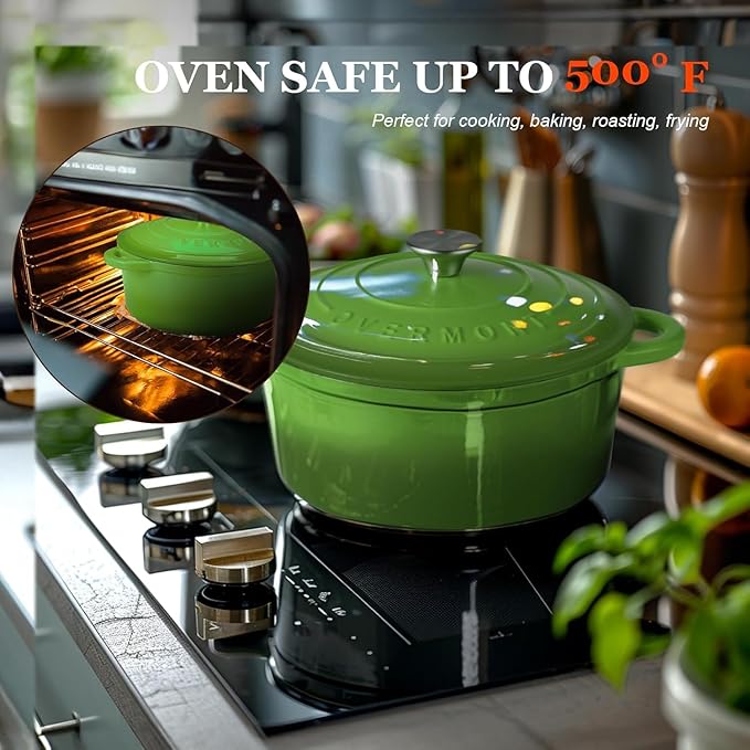Overmont Enameled Cast Iron Dutch Oven - 5.5QT Pot with Lid Cookbook & Cotton Potholders - Heavy-Duty Cookware for Braising, Stews, Roasting, Bread Baking Green