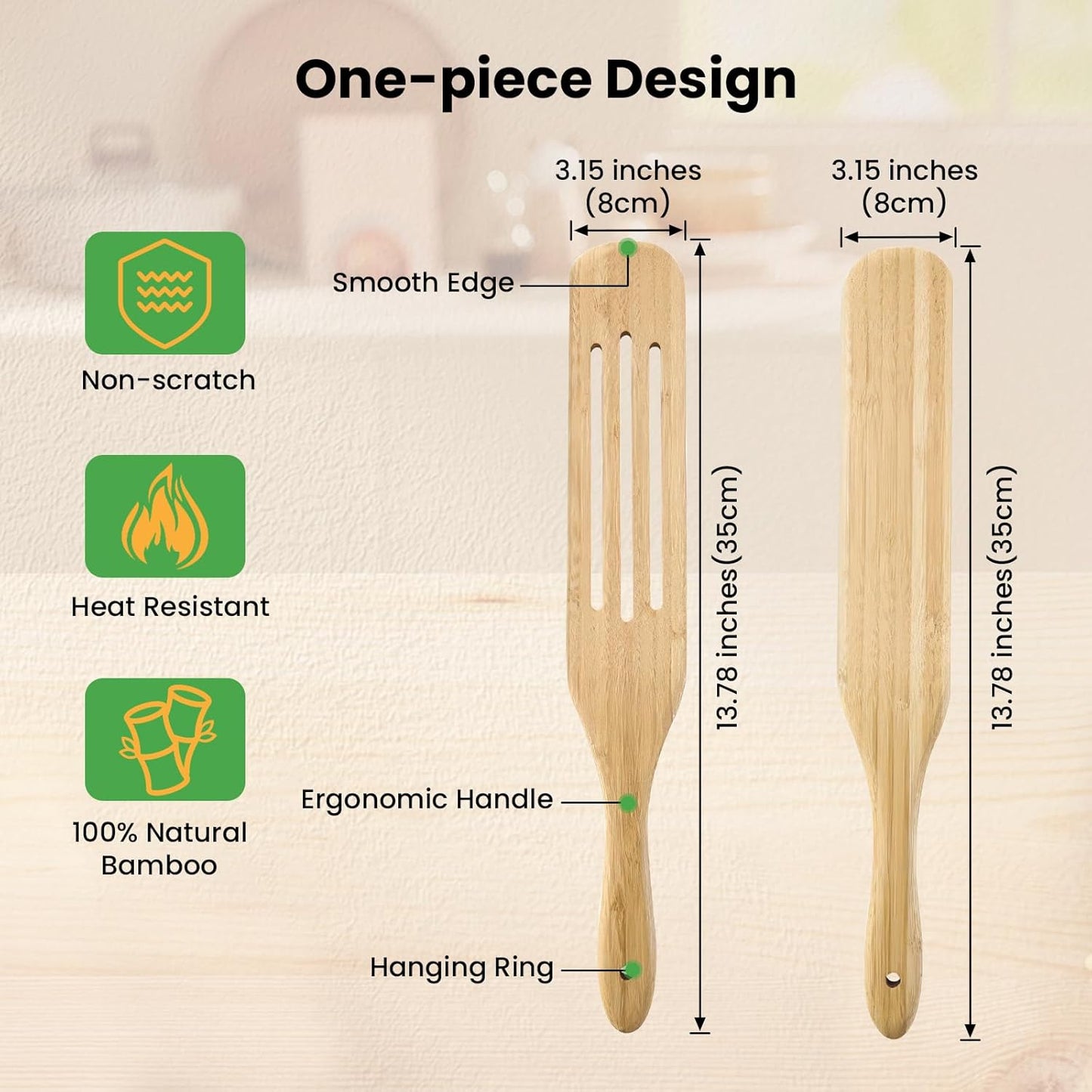 GEEKHOM Bamboo Spatulas, 13 Inch Wooden Kitchen Utensils, 2 Pack Wood Spurtle Set for Cooking, Slotted Wok Turners, Flipper for Nonstick Cookware Stirring, Serving Mixing Scraping