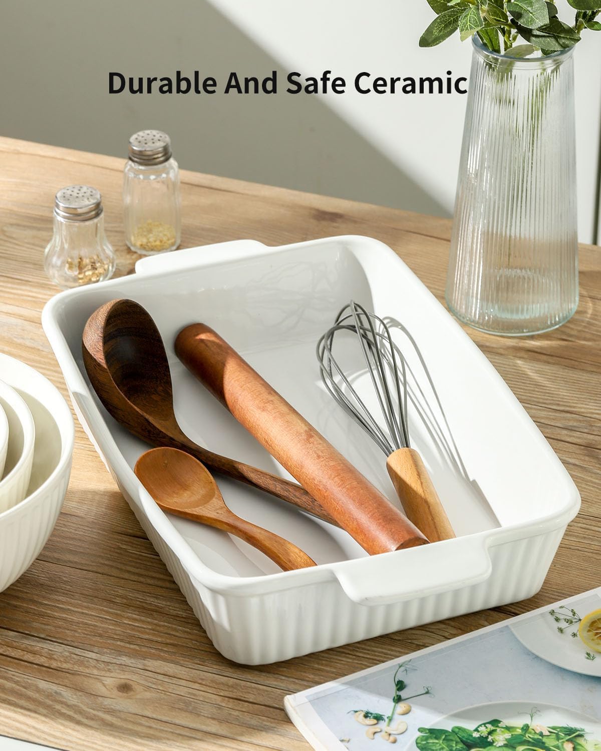 Casserole Dish for Oven, Ceramic Deep Lasagna Pan, 4 Quarts Baking Dish with Handles, 9 x 13 inches Baking Pan, Rectangular Oven Safe Pan, Porcelain Bakeware, White