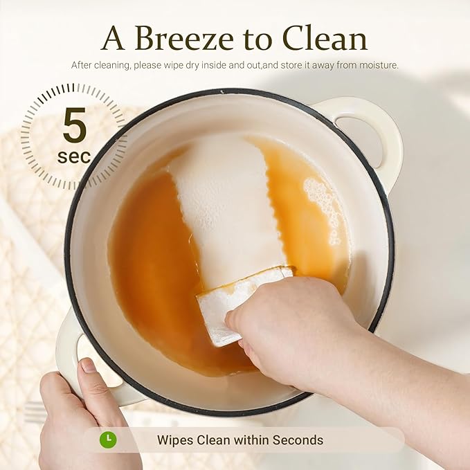 Overmont Enameled Cast Iron Dutch Oven - 7QT Pot with Lid Cookbook & Cotton Potholders - Heavy-Duty Cookware for Braising, Stews, Roasting, Bread Baking Cream White