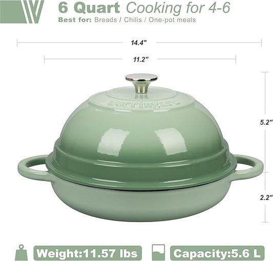 Cast Iron Enameled Dutch Oven Pot with Lid for Bread Baking, Bread Oven, 6 Quart, Green