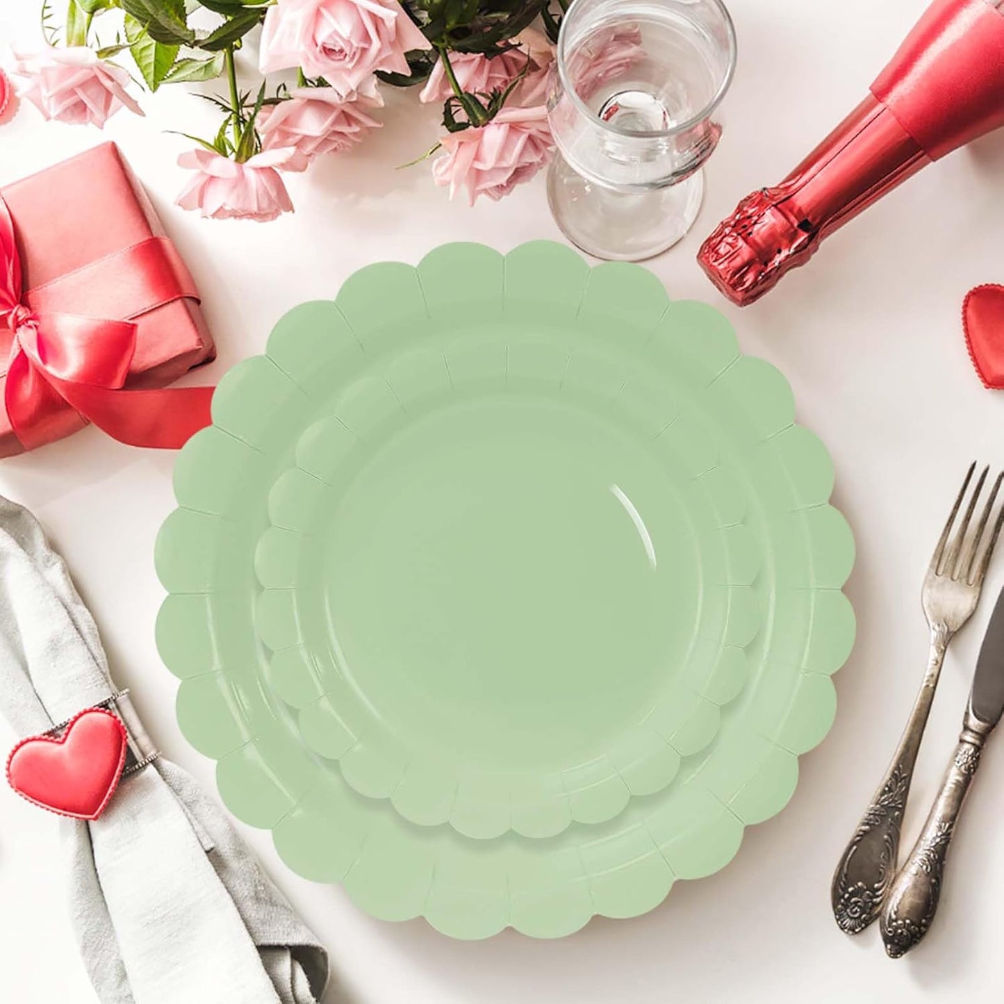 50 Pcs Sage Green Scalloped Paper Plates 25 × 7'' and 25 × 9'' Disposable Sage Scalloped Dinner Plates for Wedding Baby Shower Birthday Party Disposable Dessert Plate