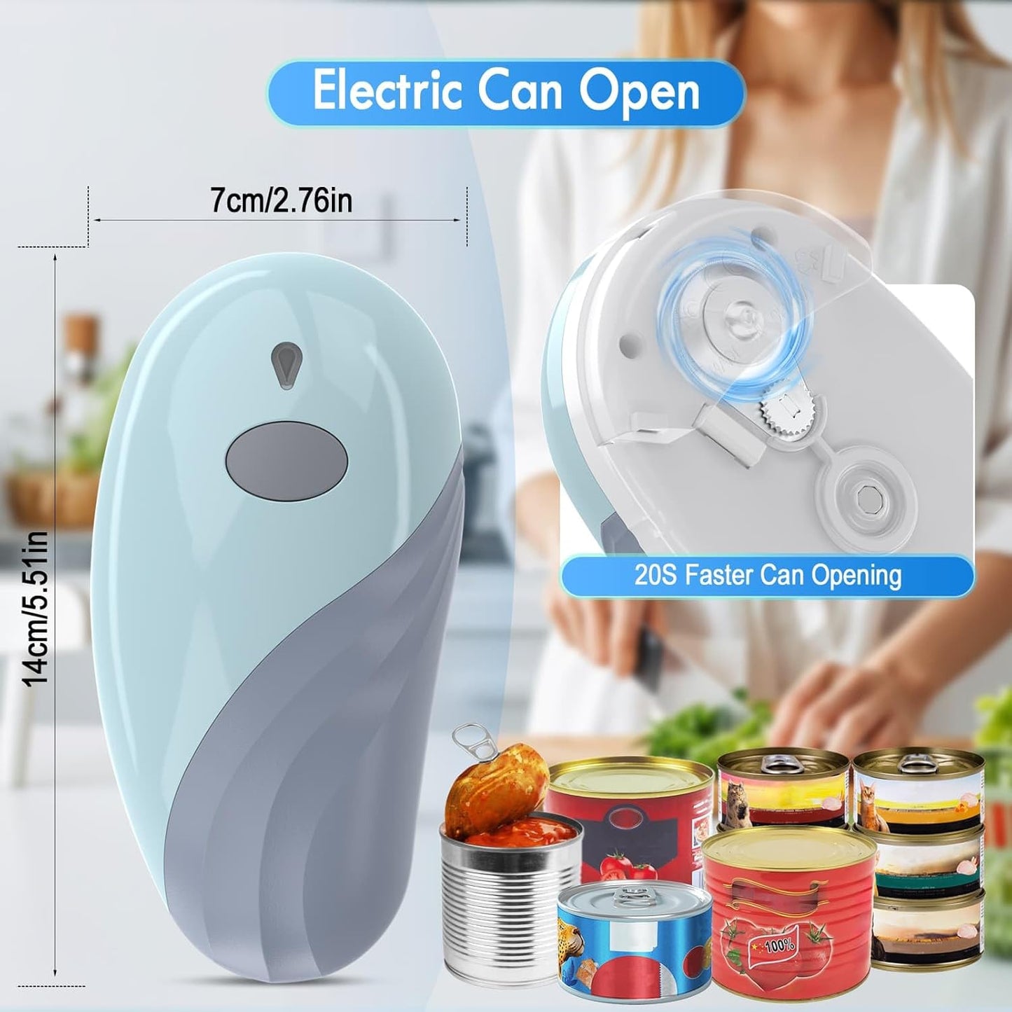 HuiJuKeJi Electric Can Opener, Rechargeable Automatic Can Opener for Seniors with Arthritis, One-Touch Hands-Free Can Opener for Almost Can Sizes, Smooth Edge & Food-Safe Kitchen Gadgets-Blue