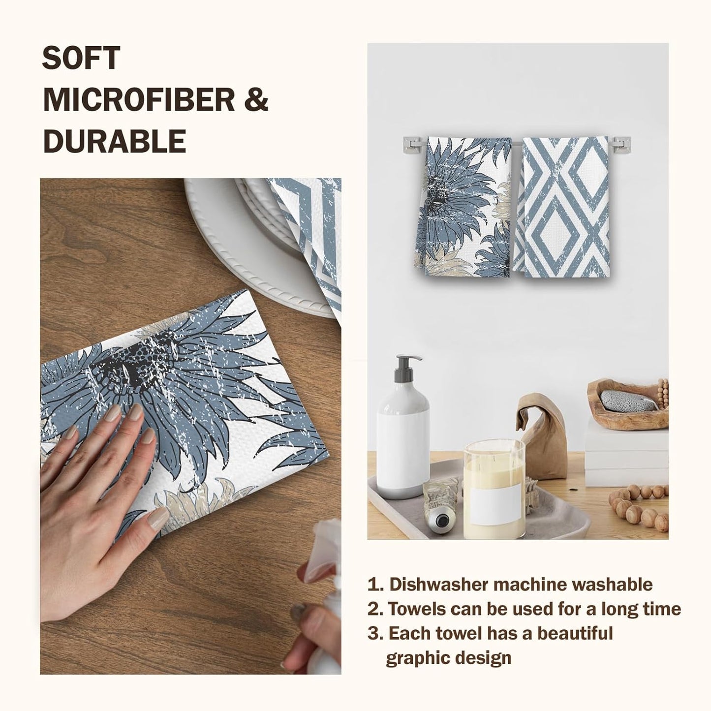 Chinoiserie Floral Kitchen Towels, Blue and White House Hand Towel Set of 2, Vintage Gifts for Home Bathroom Holiday Decor - A07