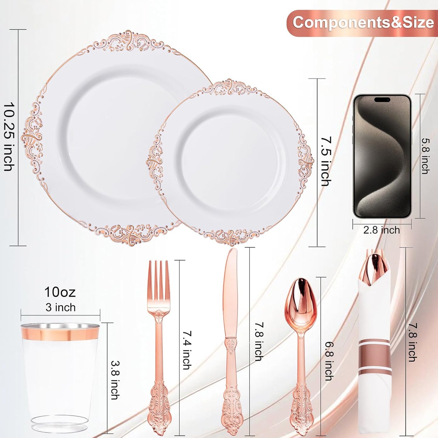 Nervure 700PCS Rose Gold Plastic Plates - Rose Gold Plastic Dinnerware Sets for 100 Guests - 200 White Disposable Plates, 300 Silverware, 100 Cups, 100 Napkins for Wedding & Party