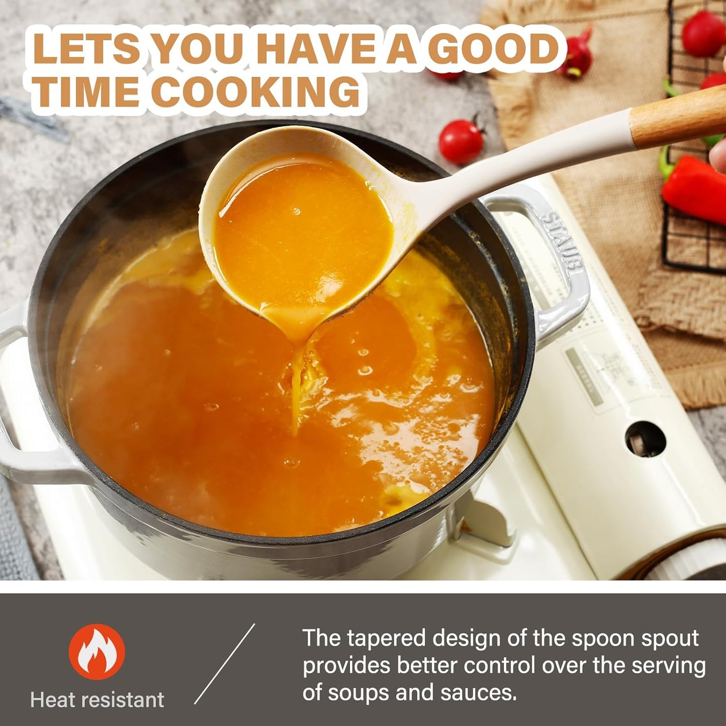 QMVESS Silicone Cooking Utensils Set, Kitchen Utensils Set 7 Pcs with Long Wooden Handle, Food Grade and Heat Resistant Large Silicone Spatula Set for Nonstick Cookware, BPA Free（Khaki）