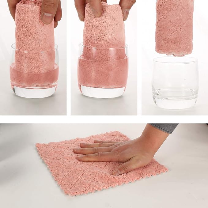 kimteny 12 Pack Dish Towels, 10x10 in Premium Dish Cloths, Super Absorbent Kitchen Towels Coral Velvet Dishcloths Nonstick Oil Fast Drying Washcloths (Pink-Grey)