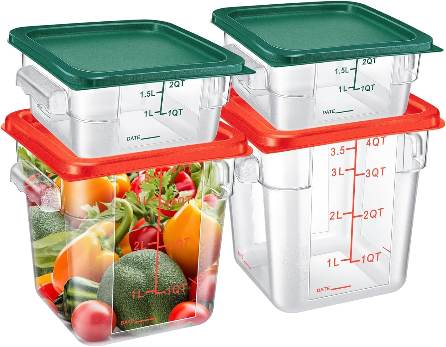 Barydat 4 Pcs Food Storage Container with Lids 2Qt and 4Qt Square Commercial Containers with Scales and Handles Polycarbonate Clear Food Storage for Kitchen Proof Dough Marinating Meat(Red Green)