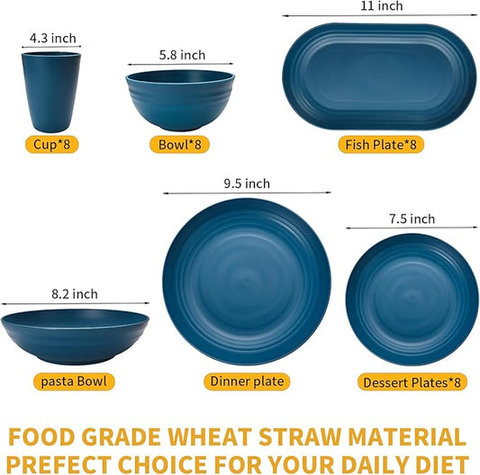 Lazycorner 48-Pcs Kitchen Wheat Straw Dinnerware Set, Service for 8, Plastic Reuasble Dinner Dishes Serving Plate Set for Kitchen, Including Dinner Plate, Dessert Plate, Bowl, Cup(Multicolor)