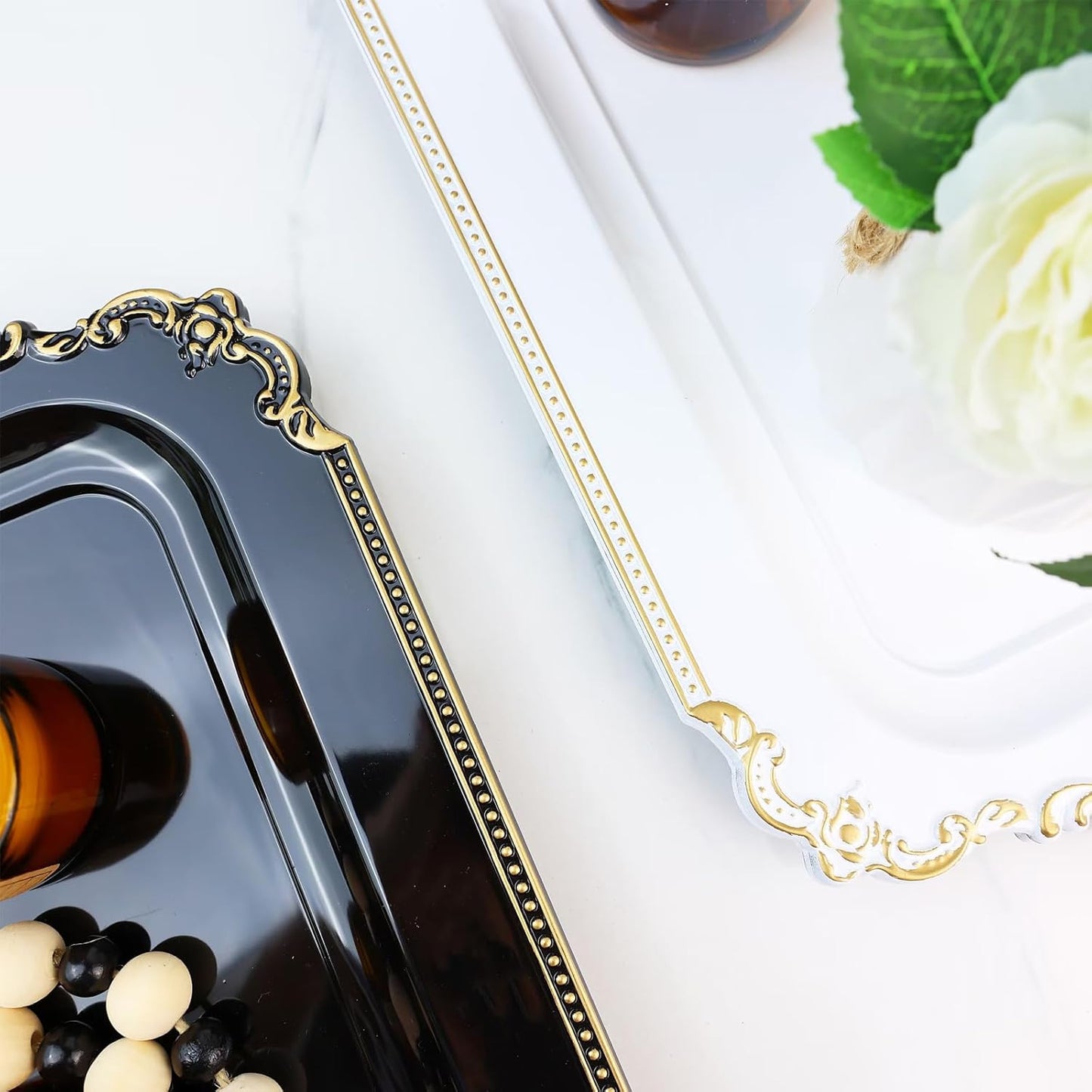 2 Pcs White Vintage Decorative Trays with Gold Rim, Serving Tray for Table Centerpiece Decor, Coffee Table, Living Room