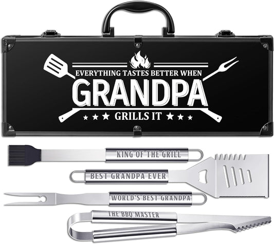 Grandpa Gifts from Grandkids, Grilling Accessories, Heavy Duty Stainless Steel BBQ Grill Tools for Outdoor Grill with Aluminum Case, Grandpa Grill Utensils Ideal Christmas Grilling Gift (Black)