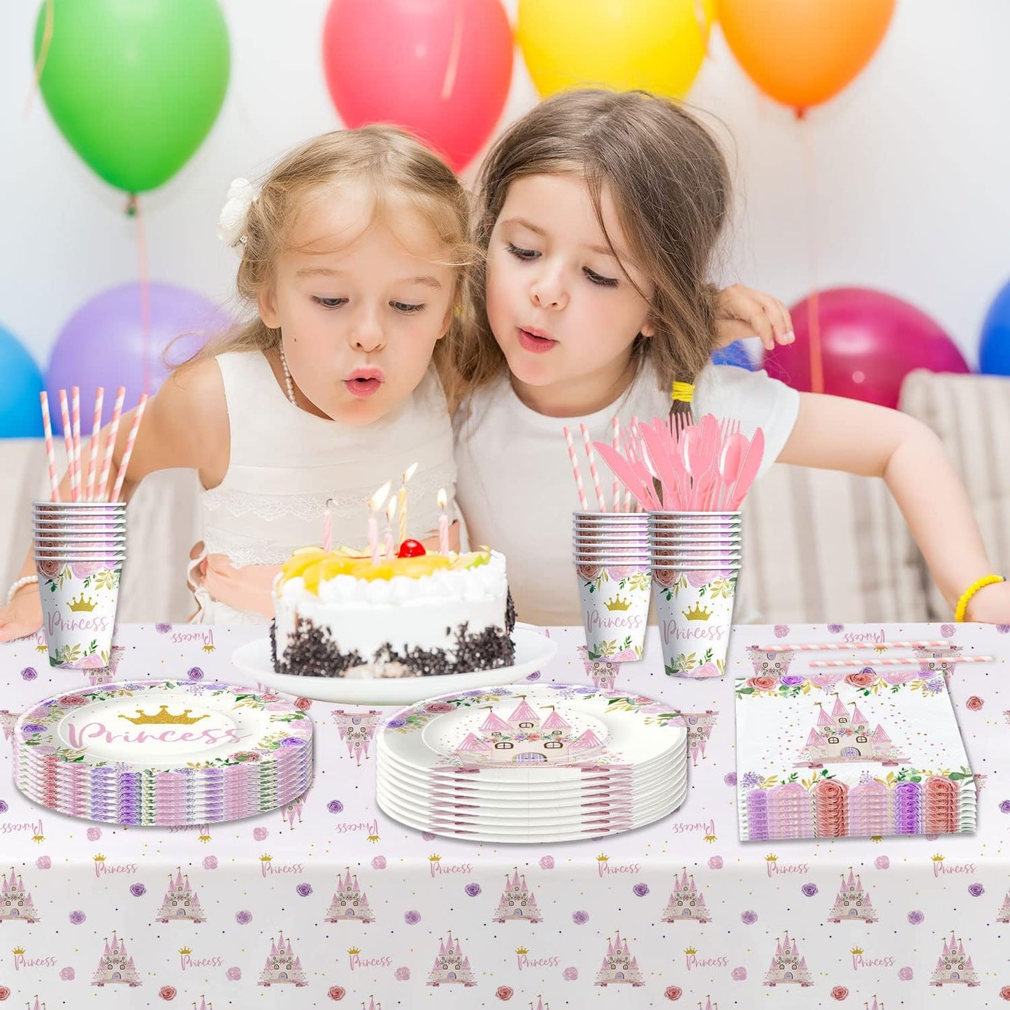 Princess Party Decorations Tableware - Princess Birthday Party Supplies Include Plates, Cups, Napkins, Tablecloth, Cutlery, Straw, Girl Birthday Baby Shower Party Decorations | Serve 24