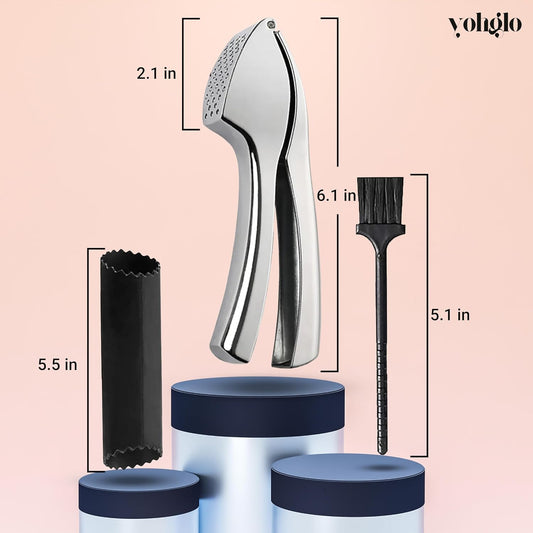 Garlic press includes cleaning brush and silicone peeler that is used for mincer/grater/smasher/crusher. Essential Kitchen Utensil for Effortless prep for home and kitchen must haves.
