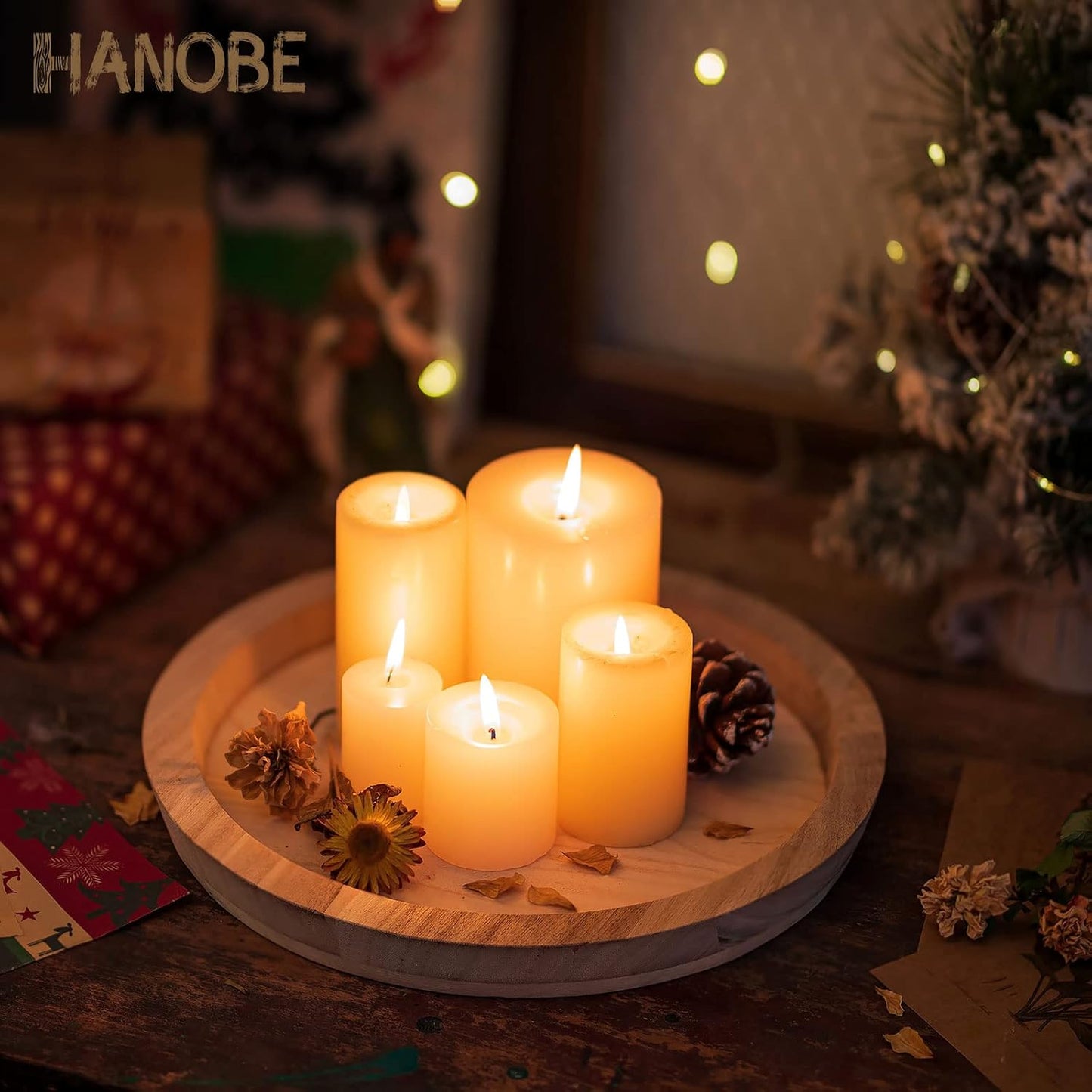 Hanobe Round Wood Decorative Tray: Unfinished Wooden Craft Trays DIY Ottoman Serving Tray Centerpiece Candle Holder Trays for Kitchen Countertop Crafts Art Home Decor Montessori Activity