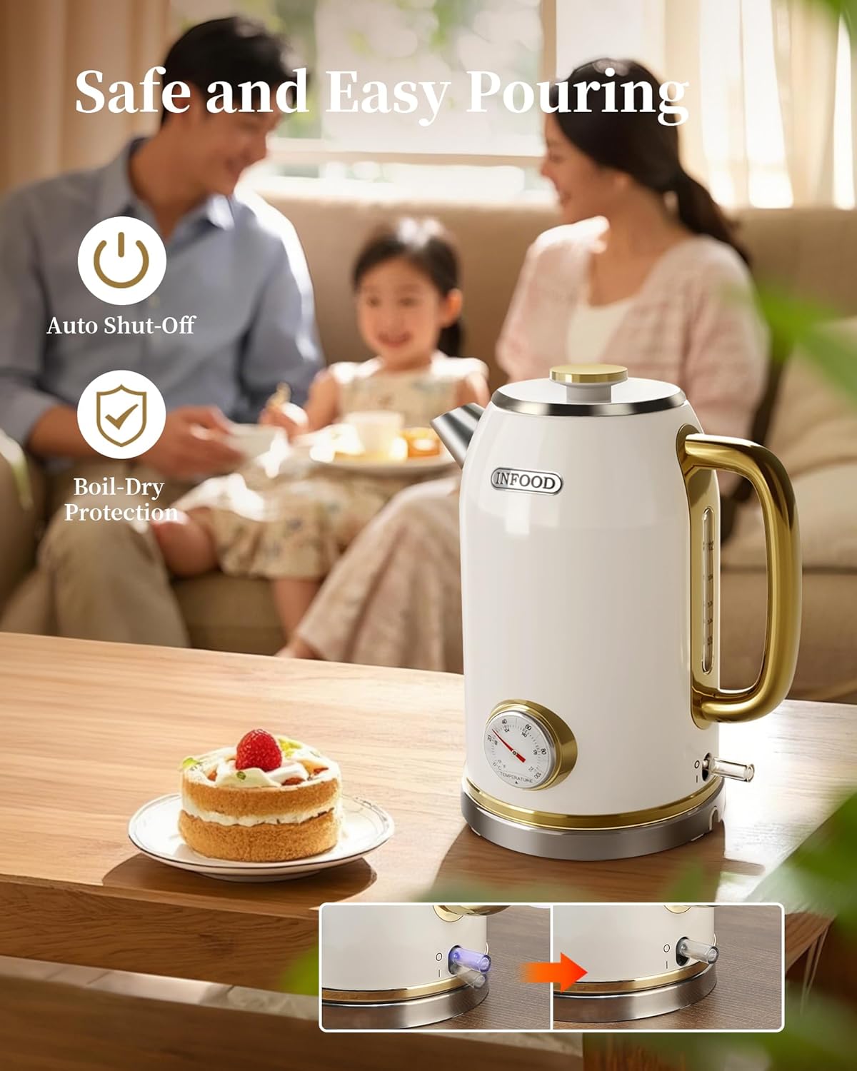 Retro Electric Kettle 1.8L/60.8oz with Thermometer - 1200W Fast Boiling Stainless Steel Tea Kettle with Water Level, BPA-Free, Auto Shut-Off, Boil-Dry Protection, Pearl White