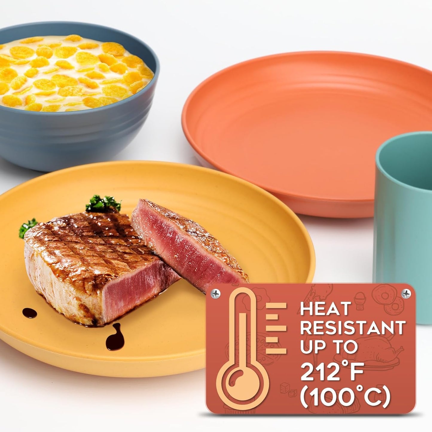 HOTEC 20-Pack Unbreakable Kitchen Plastic Wheat Straw Dinnerware Set – BPA-Free Plates, Bowls & Cups | Lightweight, Microwave & Dishwasher Safe | Multicolor Reusable Tableware for Home & Outdoor Use