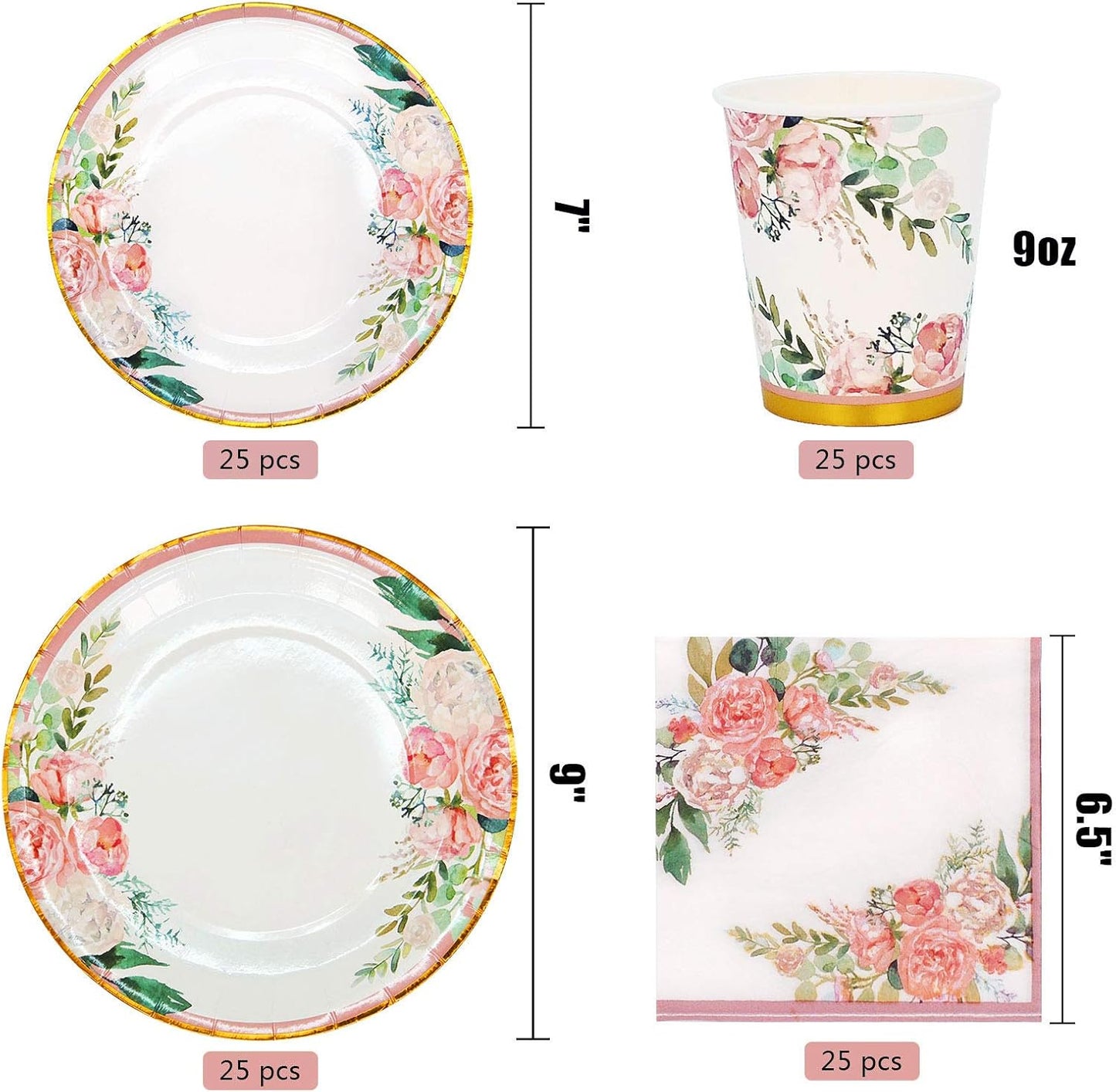 Floral Party Supplies paper plates and Napkins Sets for 24 Guest-Include Floral Disposable Paper Plates,Cups,Napkin forr Bridal Shower,Birthday,Wedding,Bachelorette party Supplies