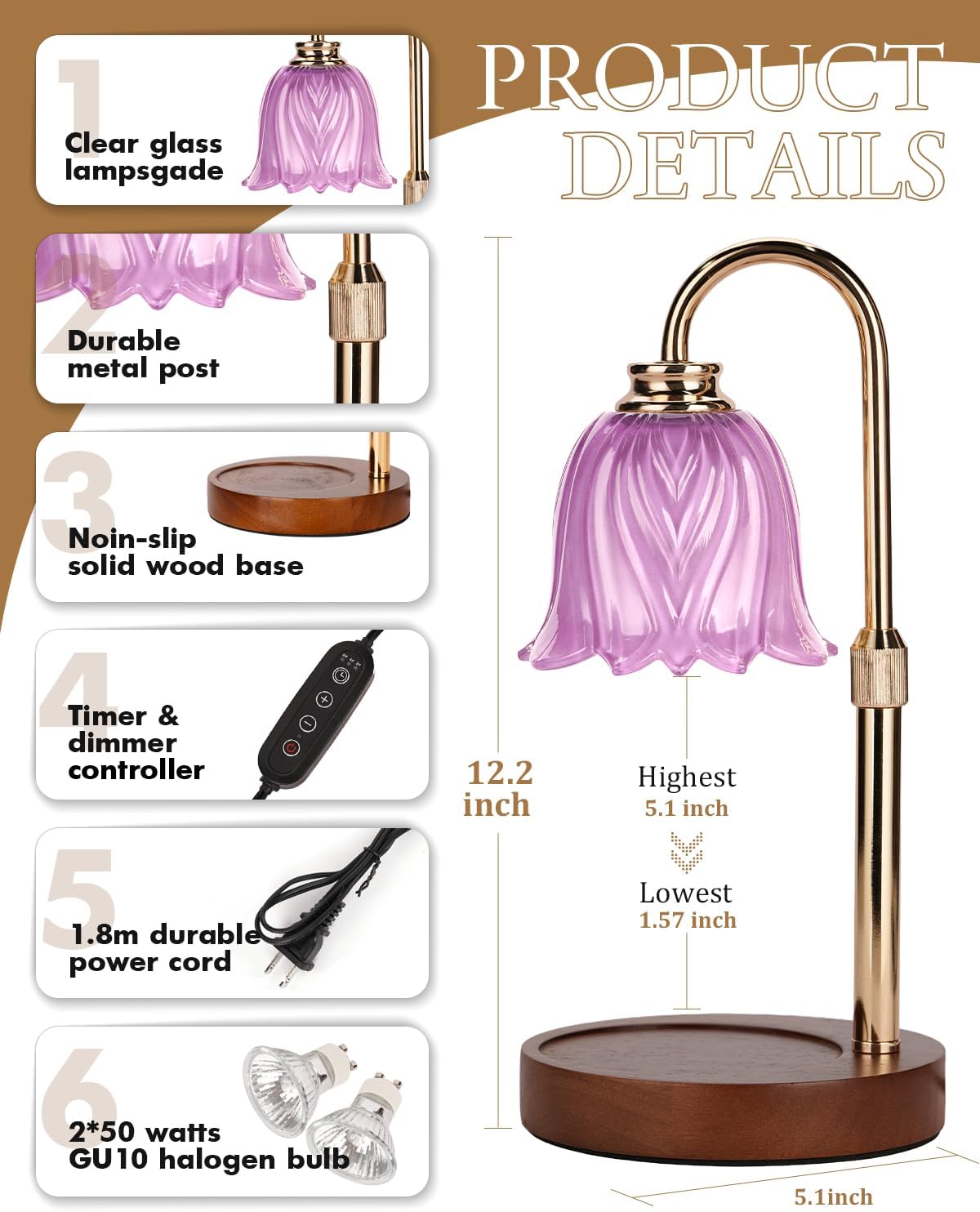 Candle Warmer Lamp, Gold Candle Lamp Warmer with Timer & Dimmer with 2 Bulbs, Christmas Gifts for Women Mom, House Warming Gifts New Home Bedroom Decor, Height Adjustable