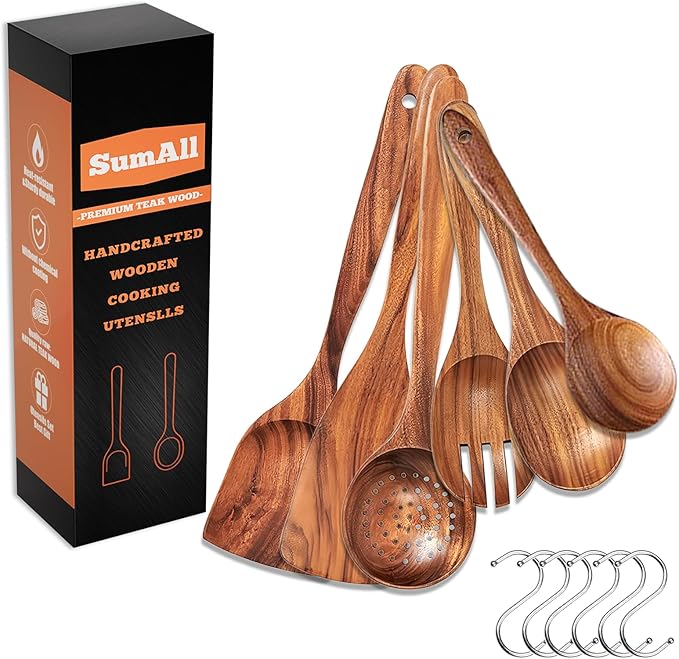 6 PCs Teak Wooden Utensil Set with Hooks, Wooden Spoons for Cooking, Wood Cooking Utensils Set, Comfort Grip, Non Stick Cookware, Easy to Clean, Kitchen Stuff, Wood Spatula