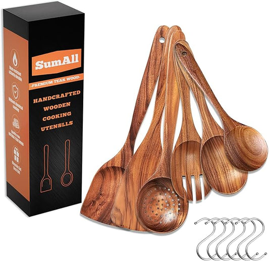 6 PCs Teak Wooden Utensil Set with Hooks, Wooden Spoons for Cooking, Wood Cooking Utensils Set, Comfort Grip, Non Stick Cookware, Easy to Clean, Kitchen Stuff, Wood Spatula