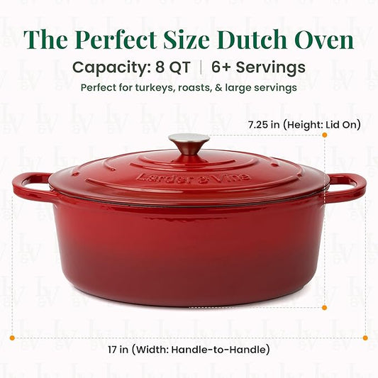 Larder & Vine Enameled Cast Iron 8 qt Dutch Oven Pot with Lid | Bread Baking | Compatible on All Cooktops & Oven Safe to 500° F | Great for Sourdough Bread | Cabernet