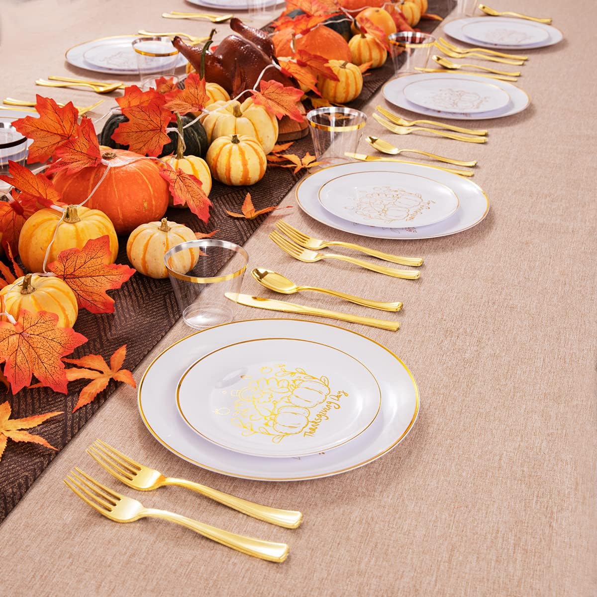 KIRE 25 Guests Gold Plastic Plates - Thanksgiving Plates with Turkey pattern & Gold Disposable Cutlery & Plastic Cups - Perfect for Thanksgiving, Halloween, Parties, Autumn Holiday