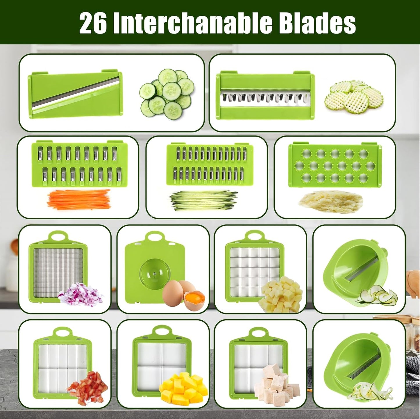 Multifunctional vegetable cutter 26 in 1 vegetable slicer, cucumber slicer, potatoes, tomatoes, zucchini, garlic, eggs, vegetable cutter with container and lid, salad cutter, dicing machine, shredder