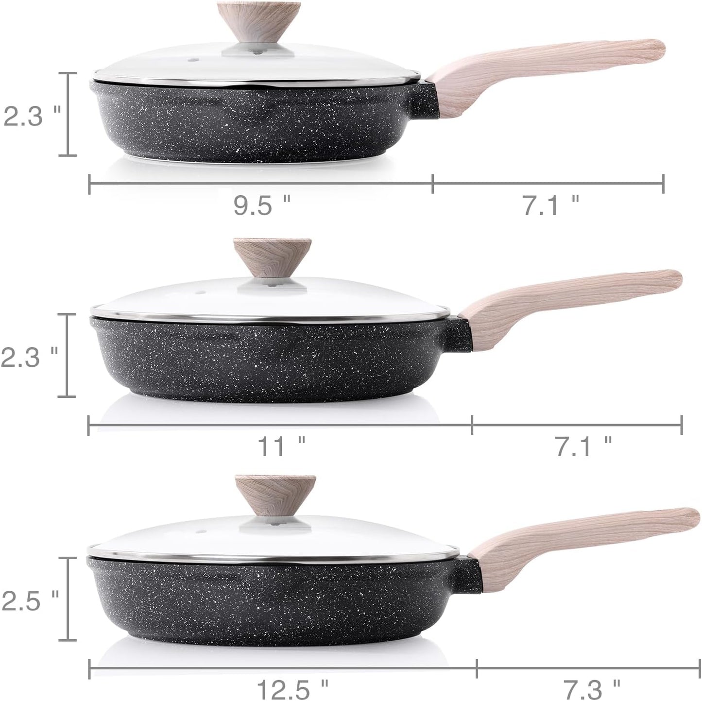 Kordisen Nonstick Frying Pan Set with Lids, 3 Piece Skillet Set, Healthy Induction Cookware Cooking Pan, Stay-Cool Handle, Compatible with All Stovetops, PFOA Free (9.5, 11, 12.5 Inch)