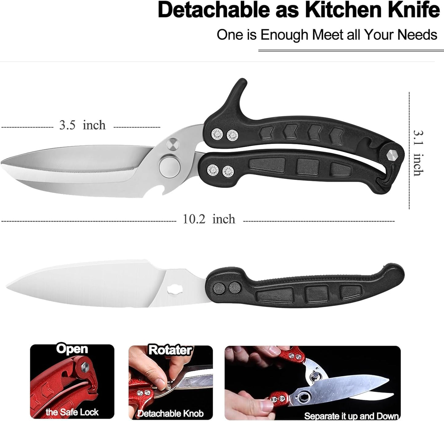 Heavy Duty Kitchen Shears, Detachable Poultry Shears with Serrated Edge, Spring-Loaded Stainless Steel Chef Scissors Cutting Bone, Chicken, Fish, Food, Meat, Black Full Steel Handle