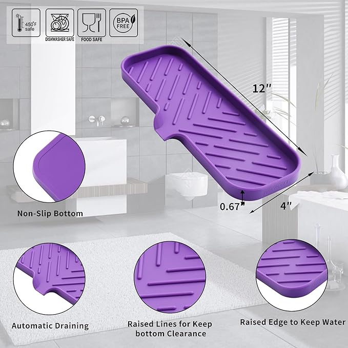 Silicone Bathroom Soap Dishes with Drain Spout-Bathroom and Kitchen Sink Organizer,Sponge Holder,Dish Soap Tray,Perfect for Dispenser,Scrubber,Bottle,Cup on Sink or Counter-Purple 12"×4"
