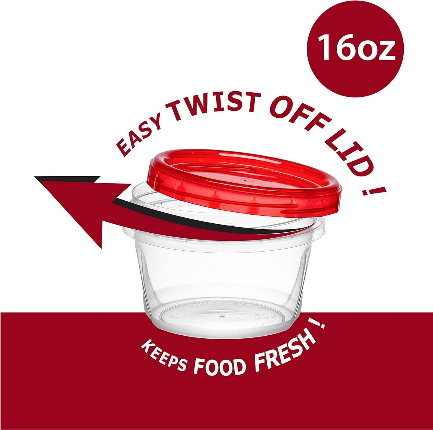 (16 Ounce 20 Pack) Twist cap Containers Clear Bottom With Red Top Screw on Lids Twist Top Food Storage Freezer Containers
